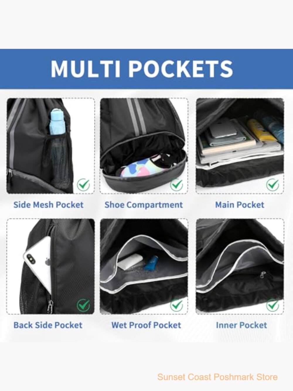 Water-Resistant Drawstring Backpack with Shoe Compartment - Picture 4 of 7